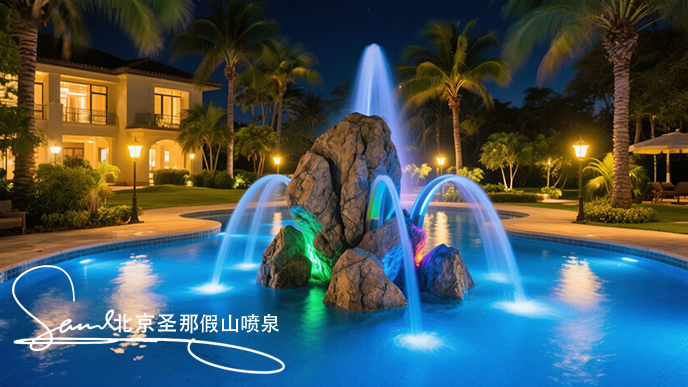 jimeng-2025-06-20-4244-這是一處夜間的公園水景景觀。畫面中心是一座以大塊仿真巖石打造的噴泉，巖石表面紋理....jpeg