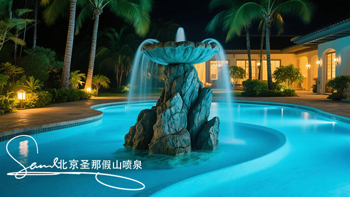 jimeng-2025-06-20-4246-這是一處夜間的庭院水景景觀。畫面中心是一座以大塊仿真巖石打造的噴泉，巖石表面紋理....jpeg