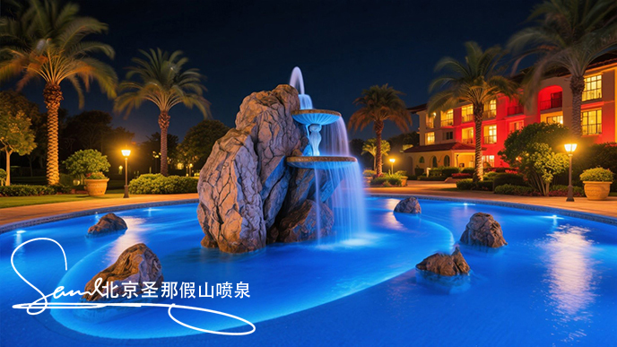 jimeng-2025-06-20-8439-這是一處夜間的公園廣場水景景觀。畫面中心是一座以大塊仿真巖石打造的噴泉，巖石表面....jpeg