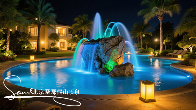 jimeng-2025-06-20-5337-這是一處夜間的公園水景景觀。畫面中心是一座以大塊仿真巖石打造的噴泉，巖石表面紋理....jpeg